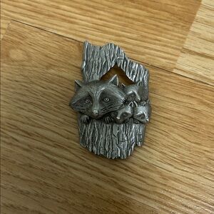 Silver-tone Raccoon Family Brooch Pin
